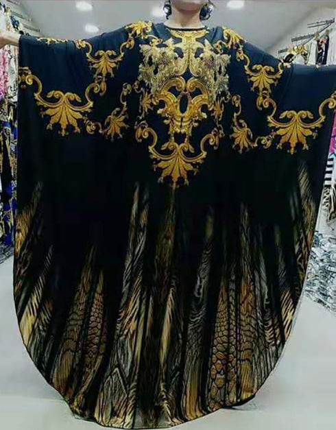 Women's African Print O-Neck Batwing Sleeve Loose Dress with Gold Floral Animal Pattern